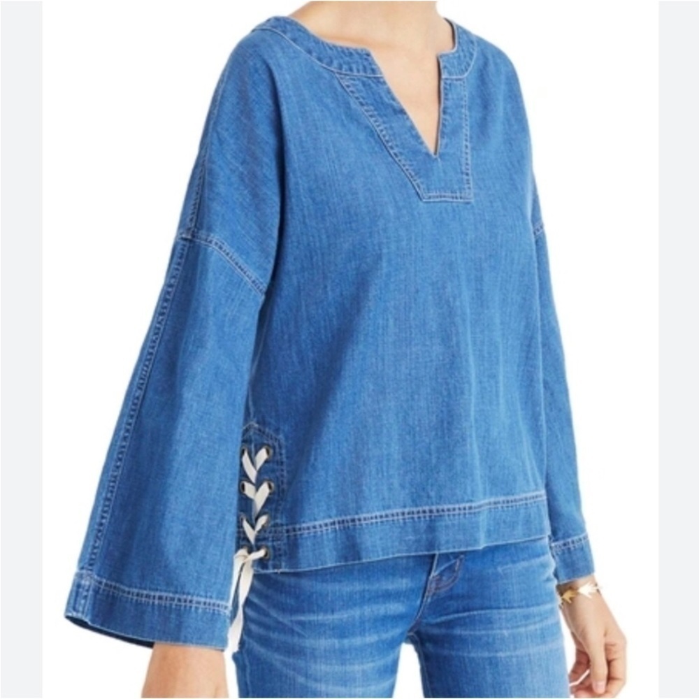 Madewell Denim Jean Chambray Lace-Up Side Women's Short Size Small V-Neck​​​​​​